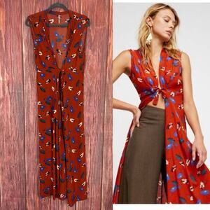 Free People Sleeveless Duster Cardigan Rust Orange Floral Print Front Tie Large